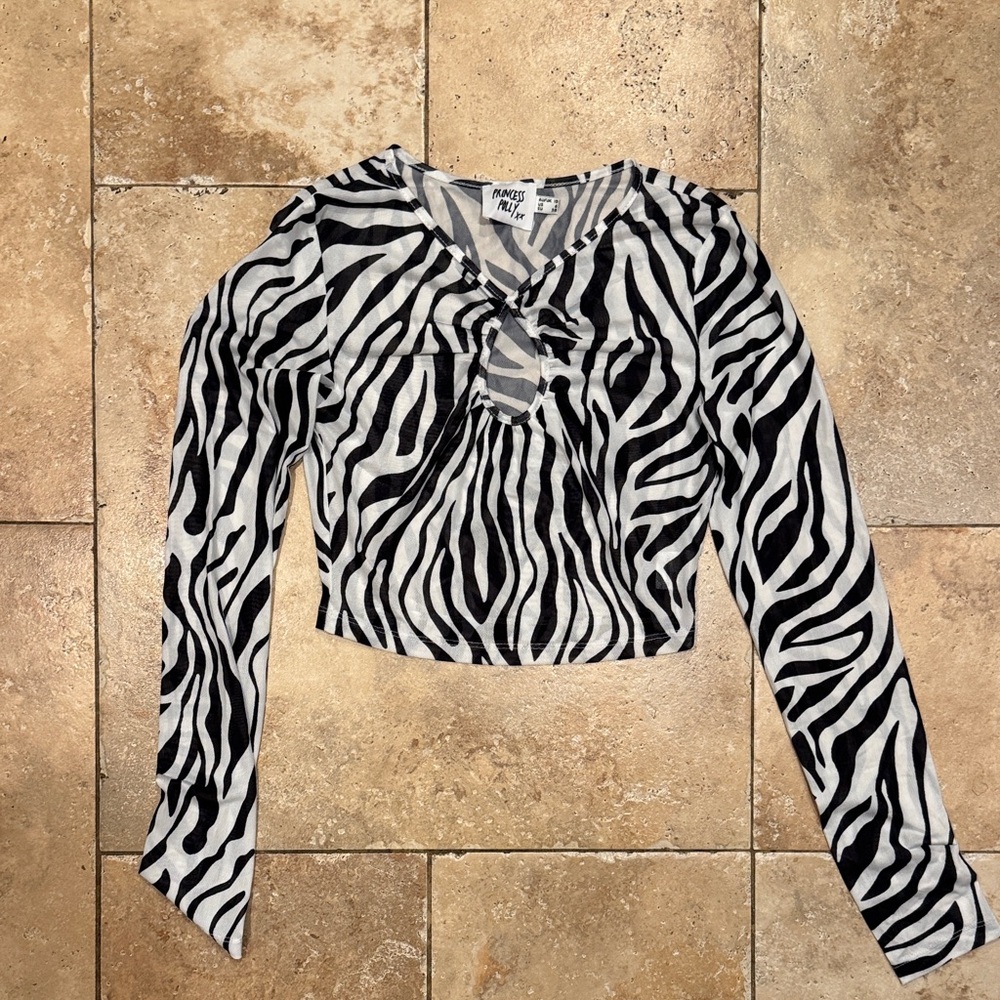 Princess Polly Black and White Zebra Sheer Crop Top - Size 6
